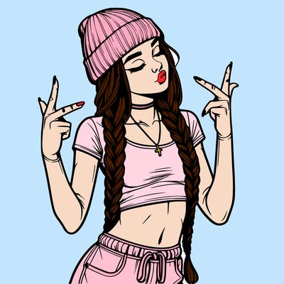 realistic teenage girl with braids and a beanie and crop top doing 🫶🏼