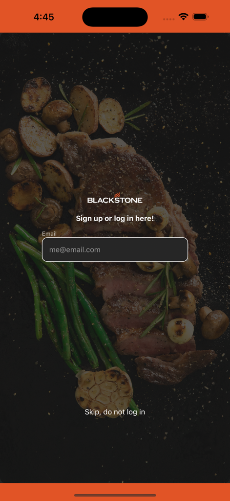 Blackstone Connect app login screen with email field and a background image of grilled steak and vegetables