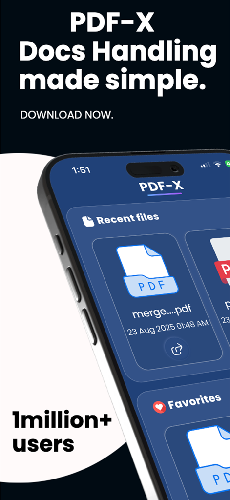 PDF-X - Interface do aplicativo móvel PDF-X mostrando arquivos recentes e favoritos com uma tagline afirmando que o manuseio de documentos ficou simples