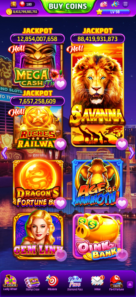 Themed slot machine selection screen in Golden Casino featuring large jackpots and various game icons.