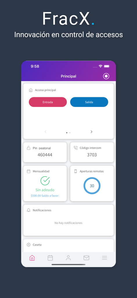 FracX Net - Dashboard dell'app mobile FracX Net che mostra i controlli di accesso residenziale e lo stato dei pagamenti