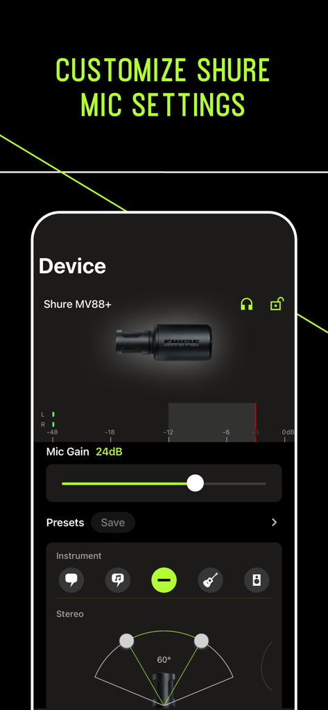 Shure MOTIV Audio app screen for adjusting microphone gain and stereo width settings