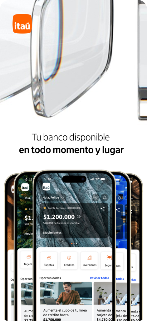 Itaú Chile - Multiple iPhone screens showing the Itau Chile mobile banking app dashboard with account balance and financial services.
