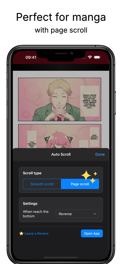 손 안 대고 만화를 읽기 위한 페이지 스크롤 설정을 보여주는 Glida Safari 확장 프로그램 인터페이스