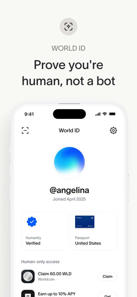World App - Real Human Network - Pantalla de World App que muestra el estado de verificación humana de World ID y credenciales de pasaporte de Estados Unidos.