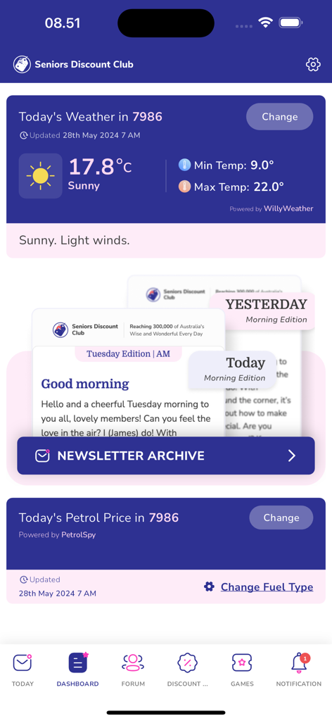Seniors Discount Club - Seniors Discount Club app dashboard showing local weather updates daily newsletters and petrol prices