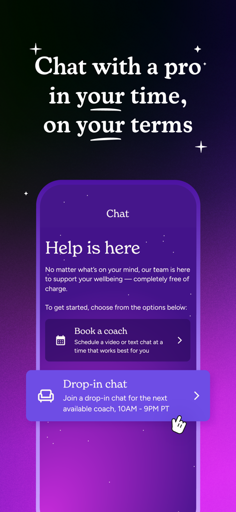 Soluna: Mental Health Care - Soluna app interface showing options to book a coach or start a drop-in chat with a professional.