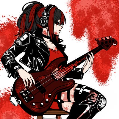 cyberpunk anime femme human in leather with a bass guitar