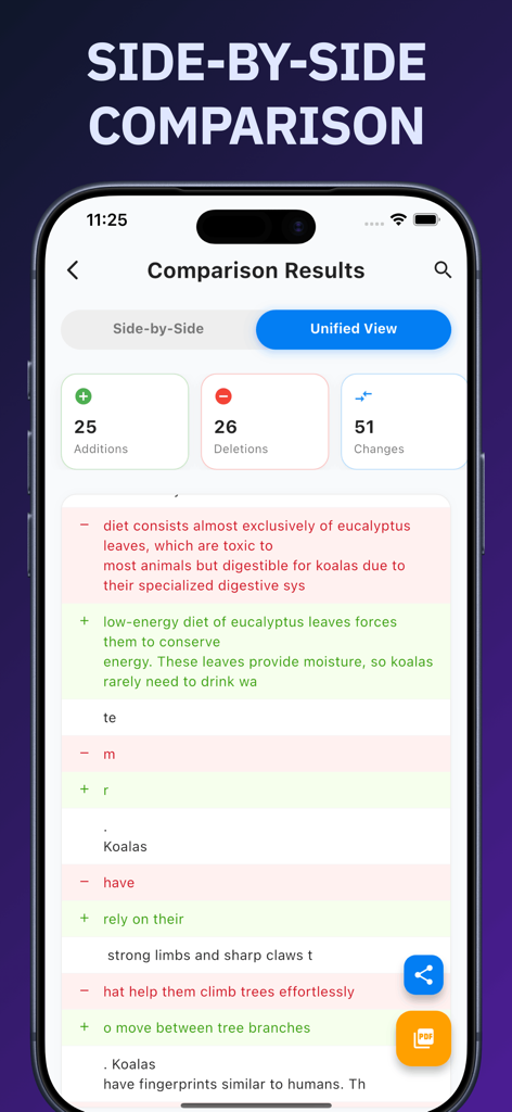 DocCompare: PDF & Word Diff - Unified view of document comparison showing highlighted additions in green and deletions in red text.