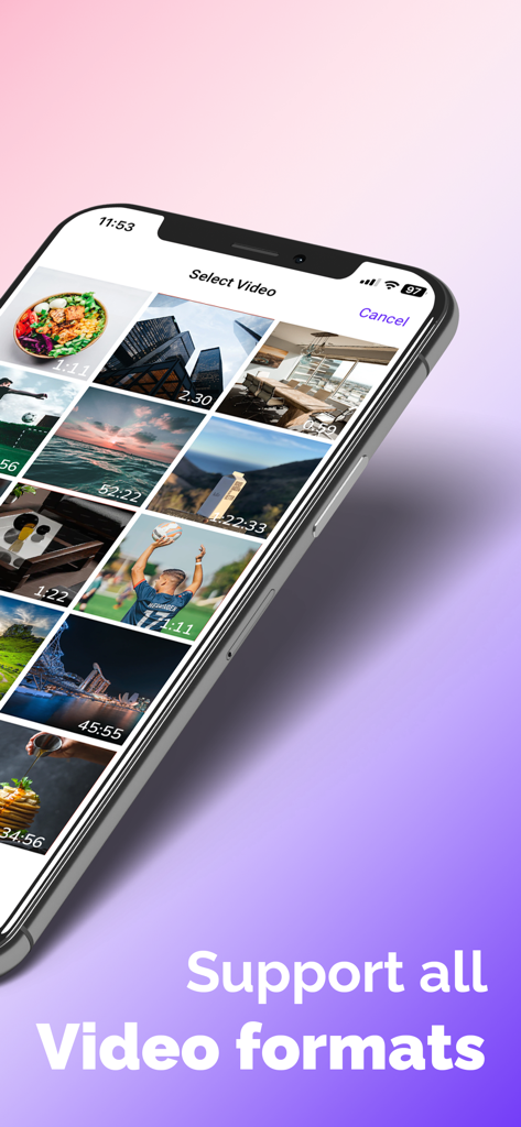 MP3 Converter Video to Mp3 - 모든 동영상 형식을 지원하는 MP3 변환기 앱 내 동영상 선택 갤러리를 보여주는 인터페이스.