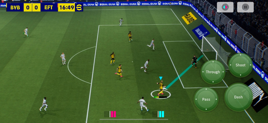 In-game view of eFootball showing a soccer match with virtual controls for passing and shooting.