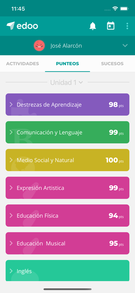Edoo - Edoo mobile app screen displaying student grades for various school subjects in Spanish.