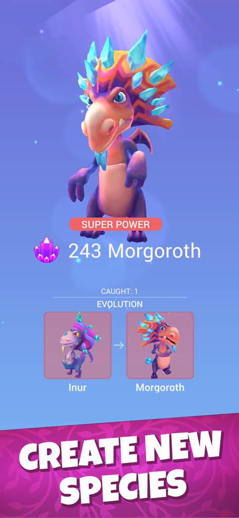Mobile game screenshot showing the evolution of creature Inur into Morgoroth in Draconius GO