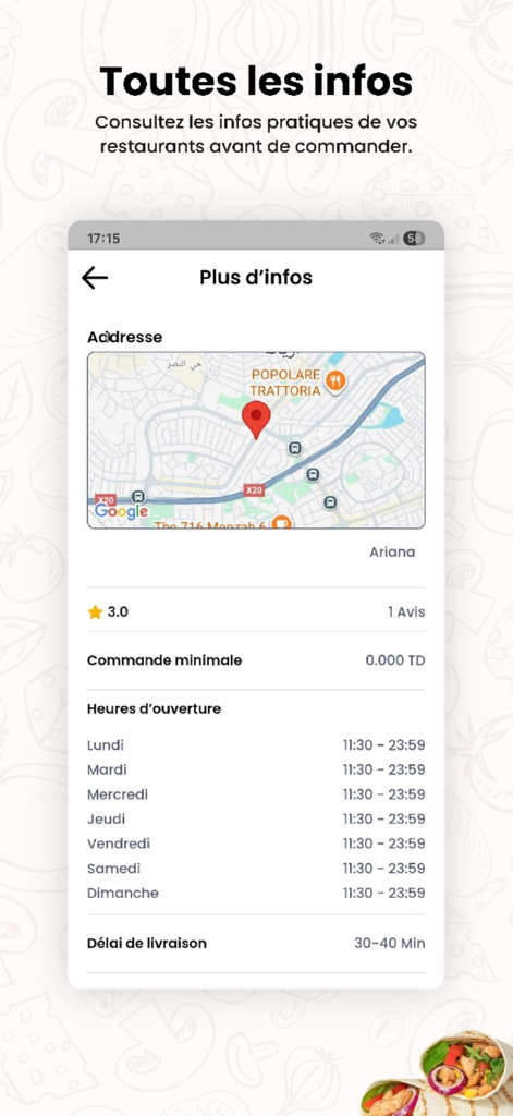 Zigzag Delivery - Zigzag Delivery app screen displaying restaurant opening hours and location map