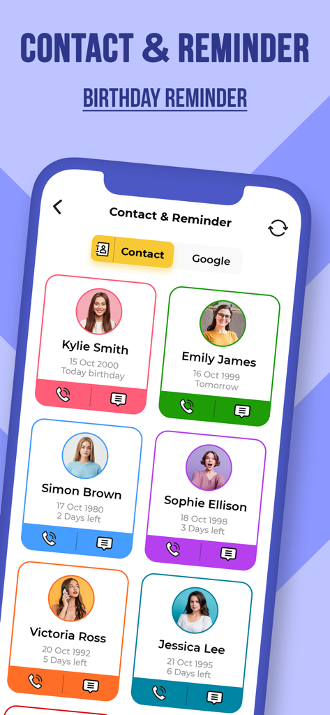 Bday Video Maker, Wishes, Card - Mobile app screen showing a list of contacts with their upcoming birthdays and countdown notifications.