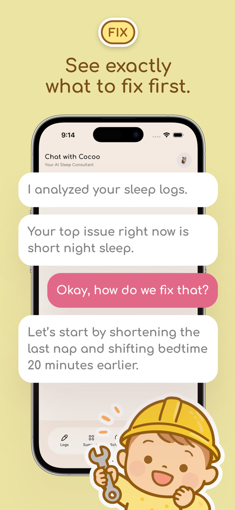 Cocoo: AI Baby Sleep Debugger - A smartphone showing the Cocoo app AI chat interface giving personalized sleep advice to a parent based on analyzed sleep logs.