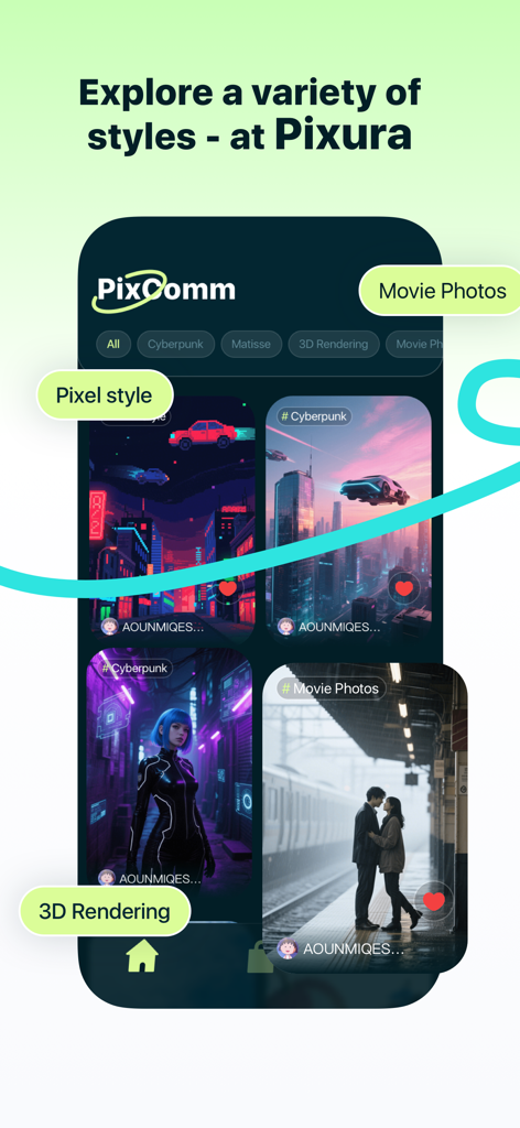 Interfaz de la aplicación Pixura que muestra varios estilos de arte IA, incluyendo arte pixelado cyberpunk y fotos de películas