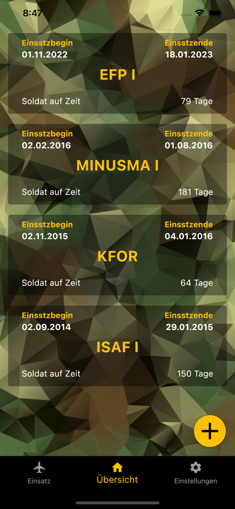 meinEinsatz-AVZ - Écran d'aperçu de l'application meinEinsatz-AVZ affichant un historique des déploiements militaires allemands avec les dates et le nombre de jours.