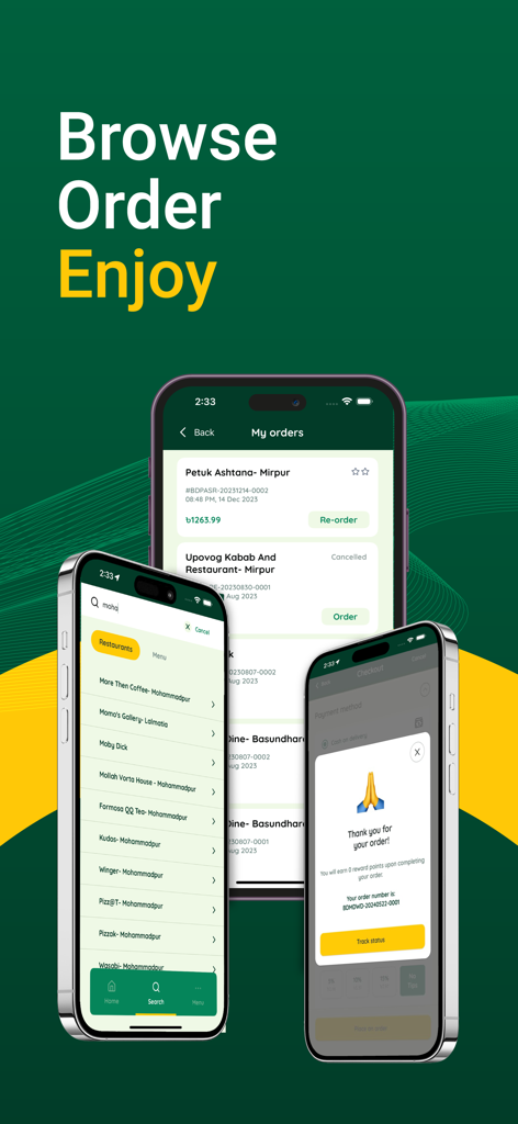 KhaoDao - Three smartphone screens showing KhaoDao app features including a restaurant list, order history, and order confirmation.