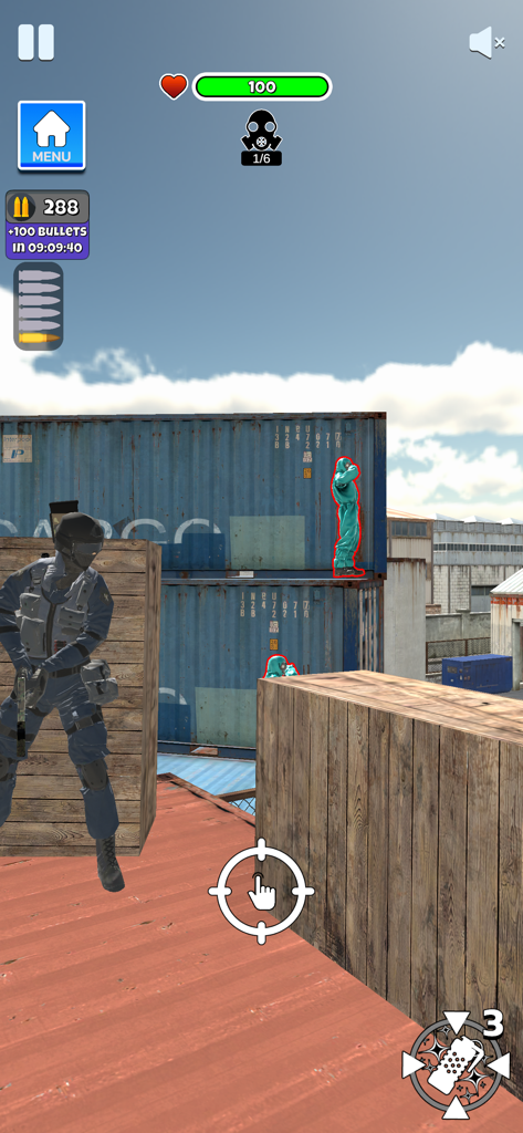 SWAT Tactical Shooter - A SWAT officer takes cover behind crates while aiming at enemies on shipping containers in a tactical mobile game.