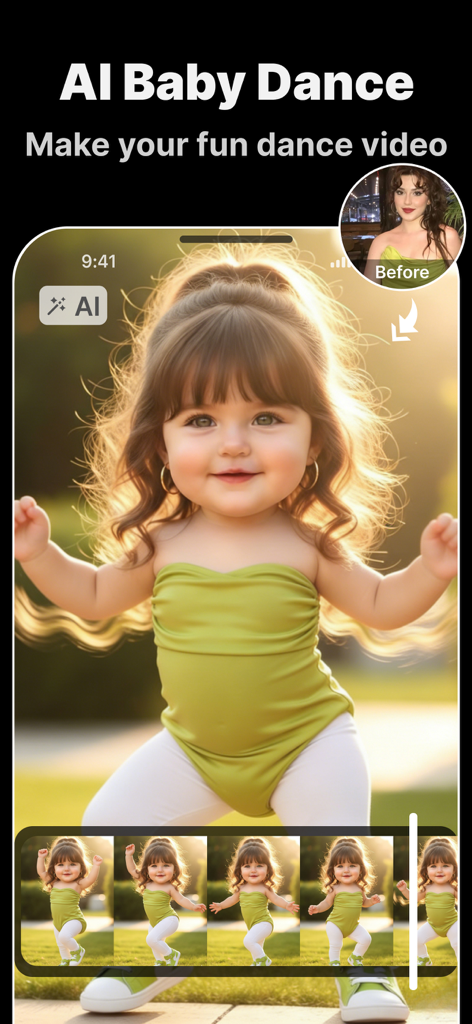 Snapana: AI Video Generator - Snapana app screen showing the AI baby dance feature generating a viral video from a reference photo.