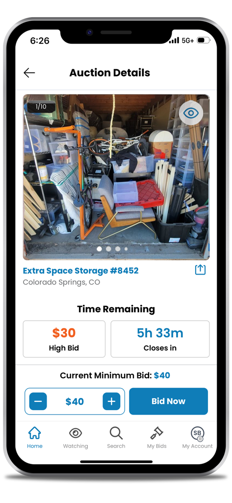 StorageTreasures app auction details screen showing storage unit contents and current bid status