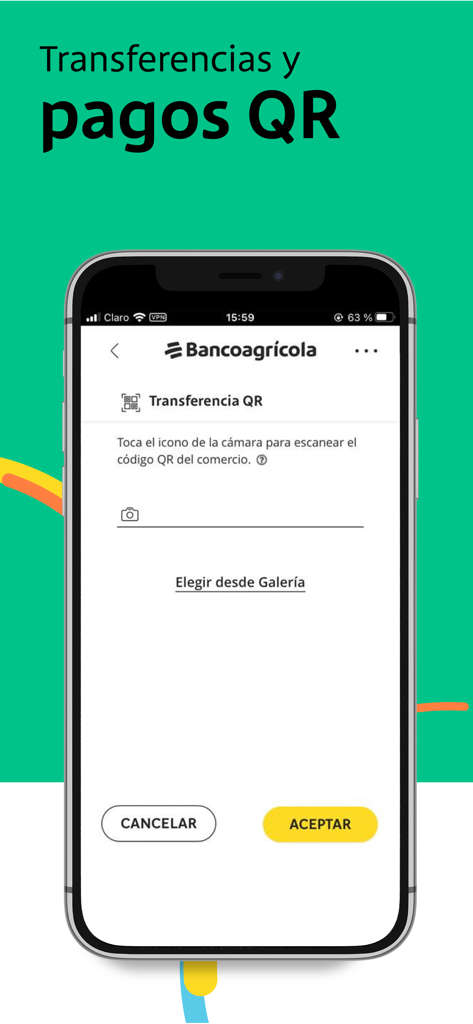 Bancoagrícola - Tela do aplicativo Bancoagrícola mostrando a interface de pagamento por código QR