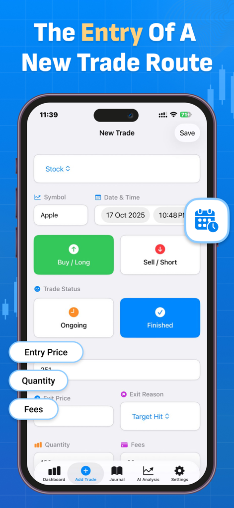 Stock Trading Journal - Interface for adding a new trade in the Stock Trading Journal app showing fields for symbol, buy/sell, and price.