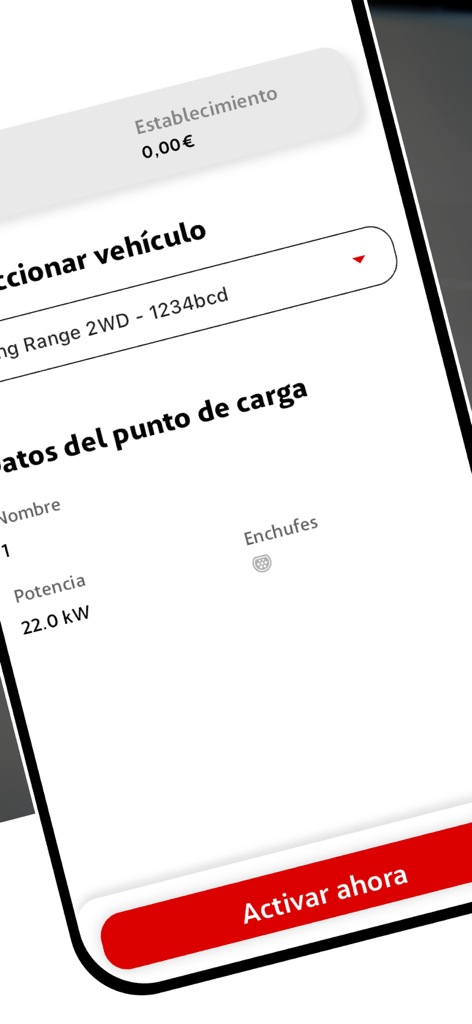 Interfaccia dell'app ACCIONA recarga EV che mostra le specifiche del punto di ricarica, inclusi 22 kW di potenza e un menu a tendina per la selezione del veicolo.