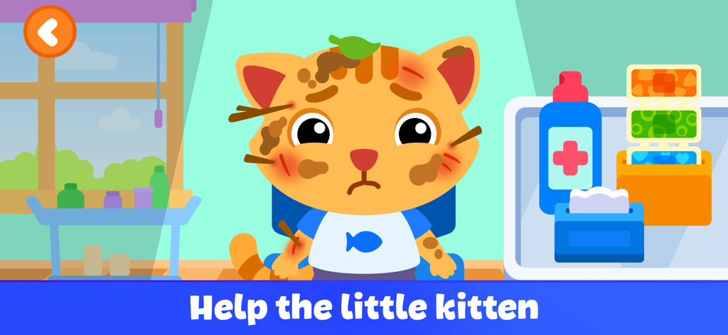 Pet Doctor - Games for Kids - Pet Doctorの子供向けゲームで、治療を待つ怪我をしたオレンジ色のキトン