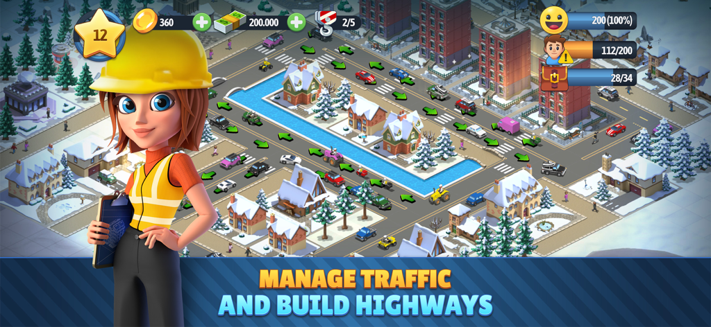 Una mujer con equipo de construcción de pie frente a un diseño de ciudad nevada que muestra indicadores de flujo de tráfico en City Island 6.