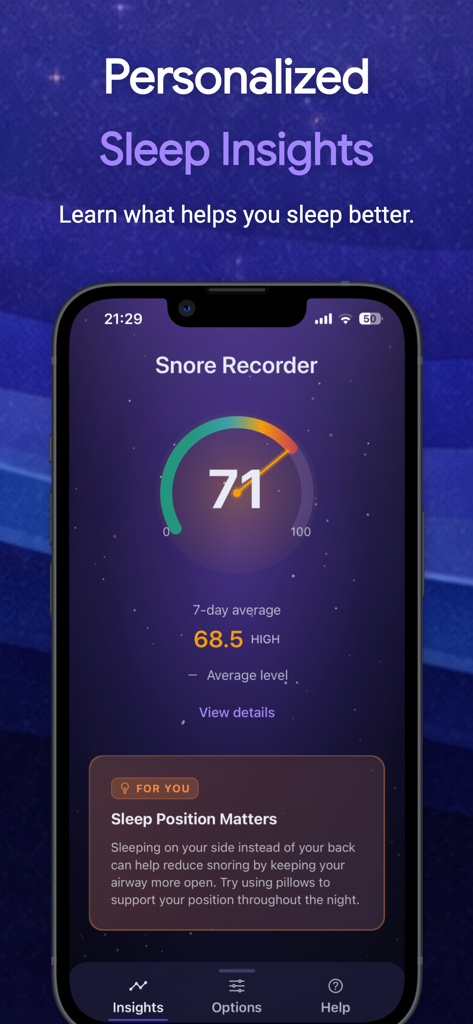 パーソナライズされた睡眠スコアゲージといびきのインサイト、および7日間の平均レポートを表示するAutoSnoreアプリ画面。