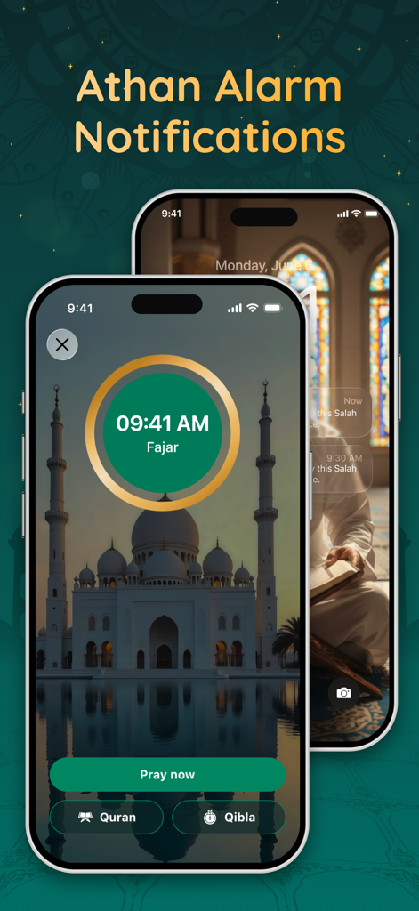 Interface of Quran Kareem app showing Athan alarm notifications for prayer times on a mobile screen