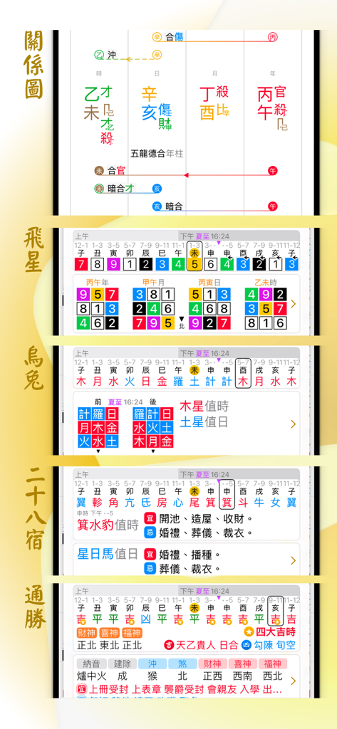 Interface of the Professional Perpetual Calendar app displaying Bazi relationship diagrams and Flying Star calculations