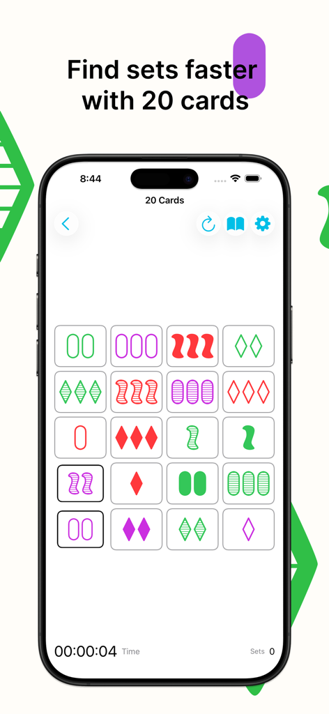 Set Game – Classic Card Puzzle - A screenshot of the Set Game mobile app displaying a grid of 20 cards in the fast-matching mode.