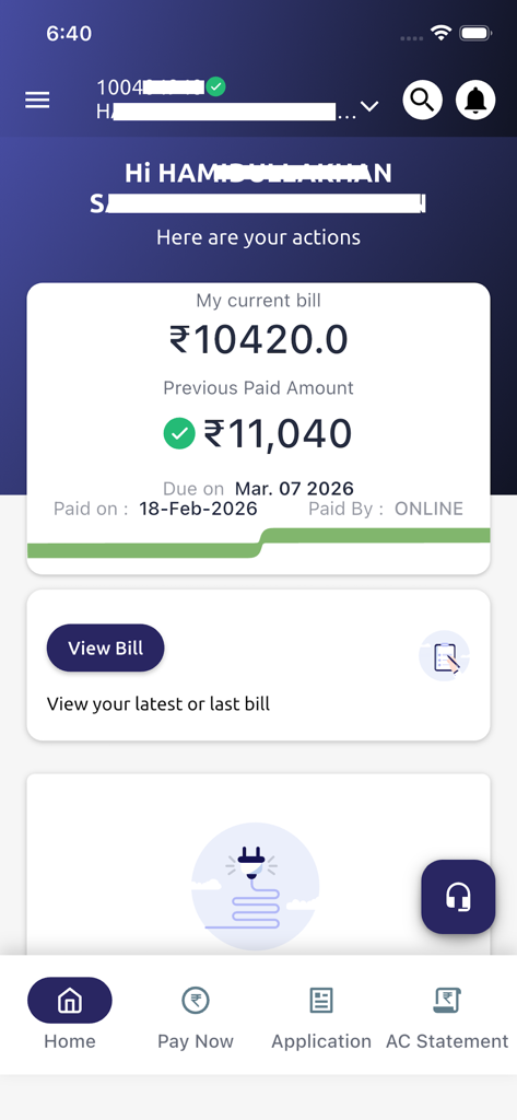 Torrent Power Connect - The home dashboard of the Torrent Power Connect app showing current bill details and previous payment history.