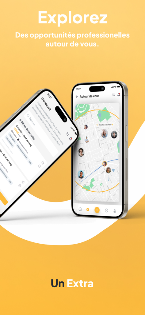 Un Extra - Mobile App-Oberfläche von Un Extra, die Jobangebote und geolocated Kandidatenprofile auf einer Karte zeigt