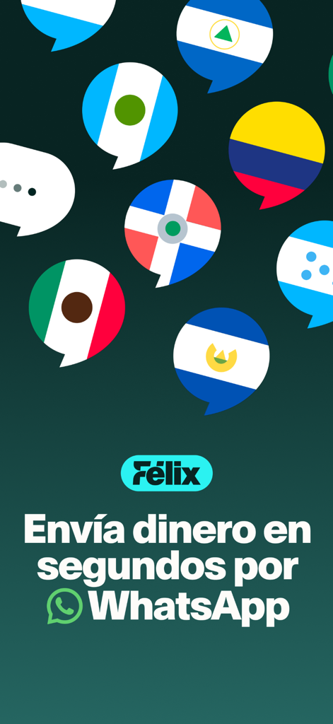 Félix Pago - Envíos de dinero - Pantalla de la aplicación Félix Pago mostrando la opción de enviar dinero en segundos a través de WhatsApp con banderas de países latinoamericanos