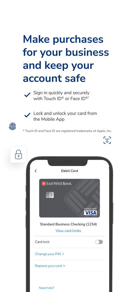 East West Bank BusinessExpress - East West Bank BusinessExpress app screen showing business debit card management and biometric security features