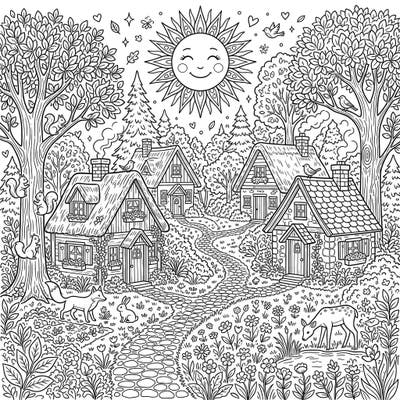 Step into a whimsical summer world with this enchanting coloring page featuring idyllic woodland cottages. Discover a vibrant scene filled with lush greenery, friendly creatures, and endless opportunities for creative expression.