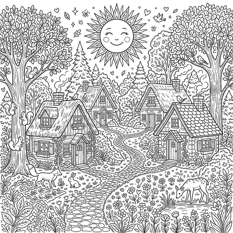 Step into a whimsical summer world with this enchanting coloring page featuring idyllic woodland cottages. Discover a vibrant scene filled with lush greenery, friendly creatures, and endless opportunities for creative expression.