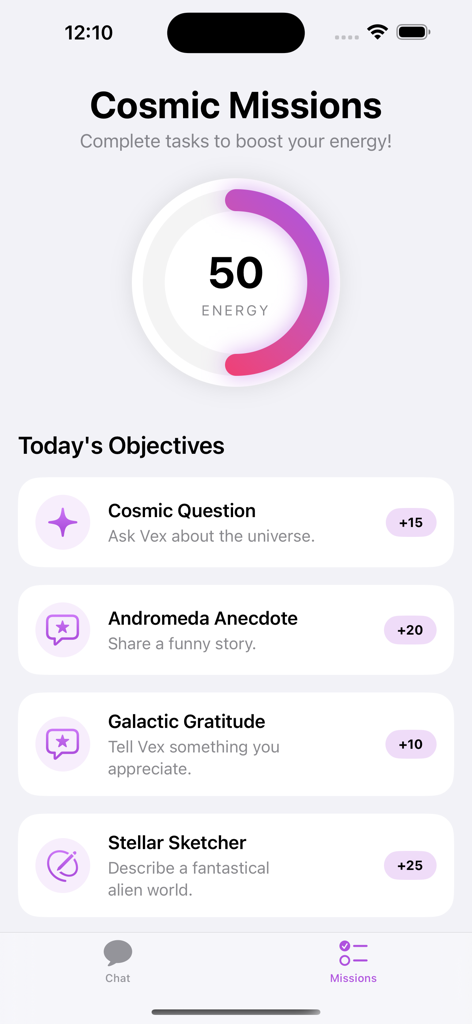 Alien Best Friend - Interface of the Alien Best Friend app showing cosmic missions and an energy meter with a list of daily objectives like cosmic question and galactic gratitude.