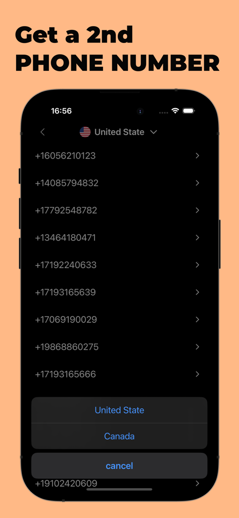 Text App: Phone Call App - Pantalla de la aplicación móvil que muestra una lista de números de teléfono disponibles en Estados Unidos para la selección de una segunda línea