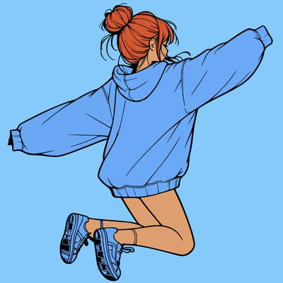 realistic girl jumping with a bun and oversized sweatshirt