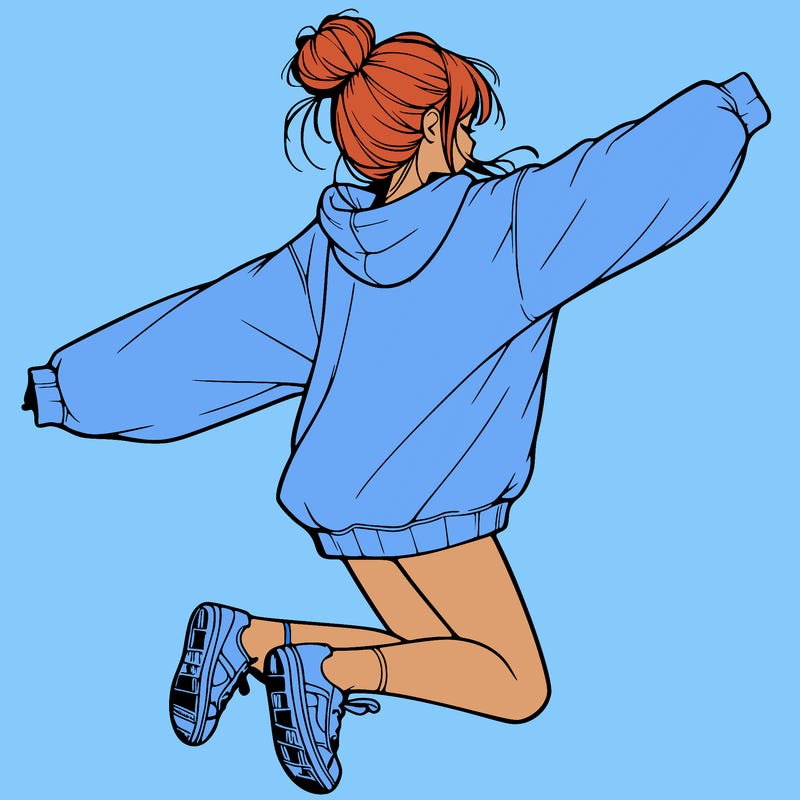 realistic girl jumping with a bun and oversized sweatshirt