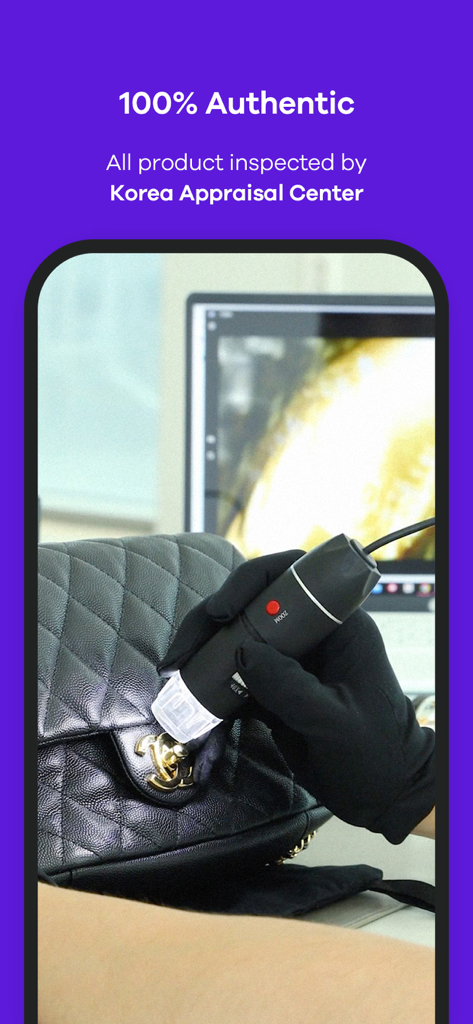 A professional authenticating a luxury quilted handbag with a microscope at the Korea Appraisal Center