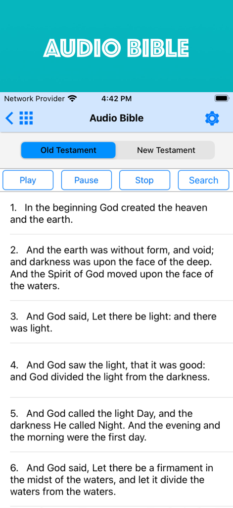 Holy Bible Offline iPhone - Captura de pantalla de la función Biblia en Audio que muestra versículos del Génesis con controles de reproducción y pausa en un iPhone