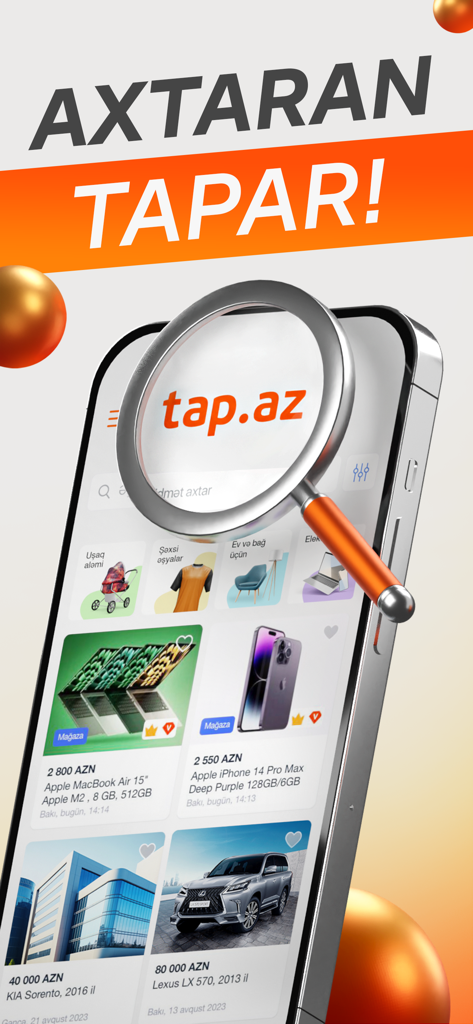 Tap.az mobile app display with Azerbaijan classified ads for cars and electronics