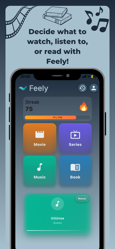 The Feely app home screen displaying categories for movies series music and books with a 75 day streak indicator