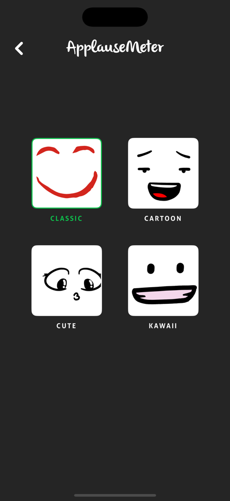 Applausemeter (clap-o-meter) - Interface showing four animated face themes for the applause meter including classic cartoon cute and kawaii